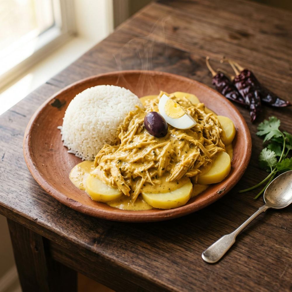 Ají de gallina: pollo en crema de ají amarillo sobre papa, con aceituna y huevo
