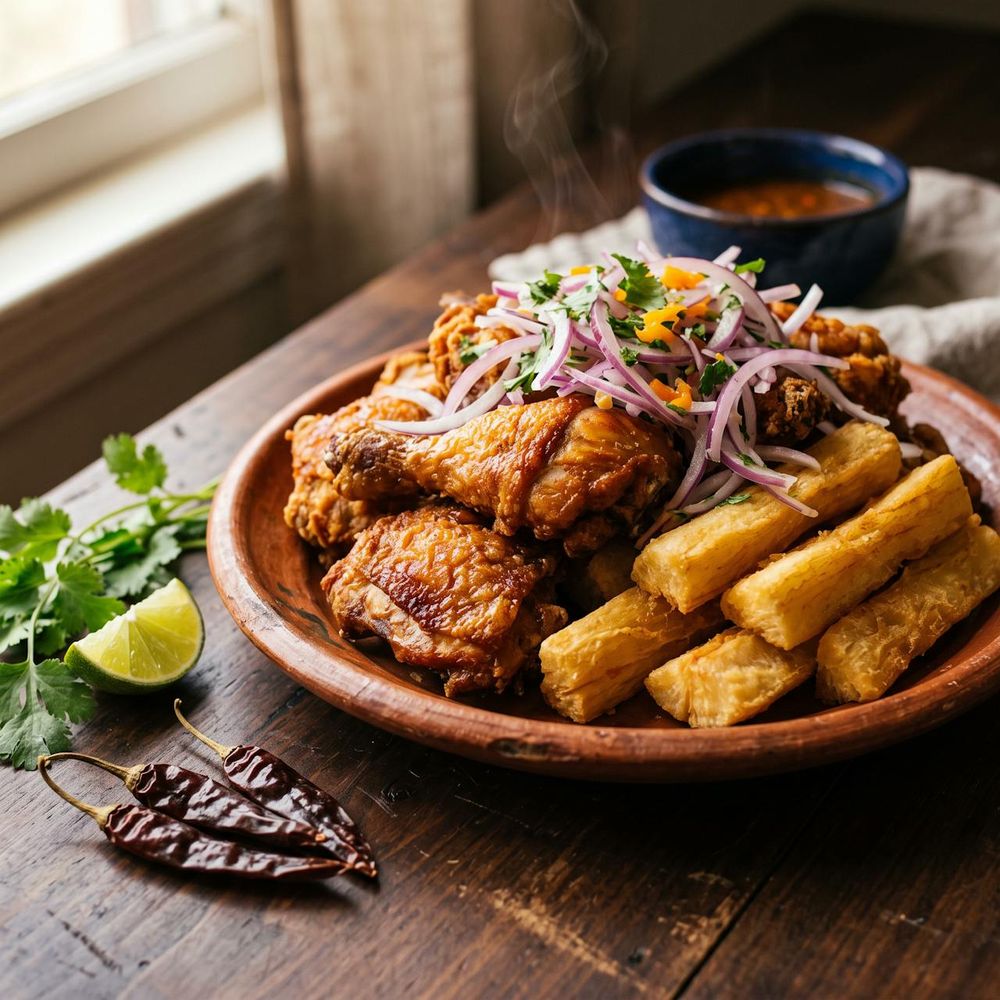 Chicharrón de pollo crocante con yuca frita y sarza criolla