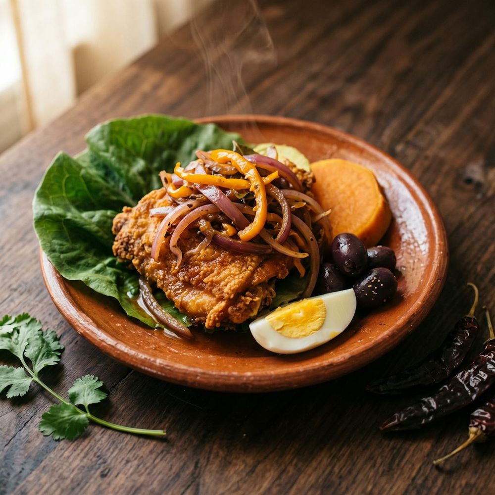 Escabeche de pollo con cebolla, ají amarillo, aceituna, huevo y camote