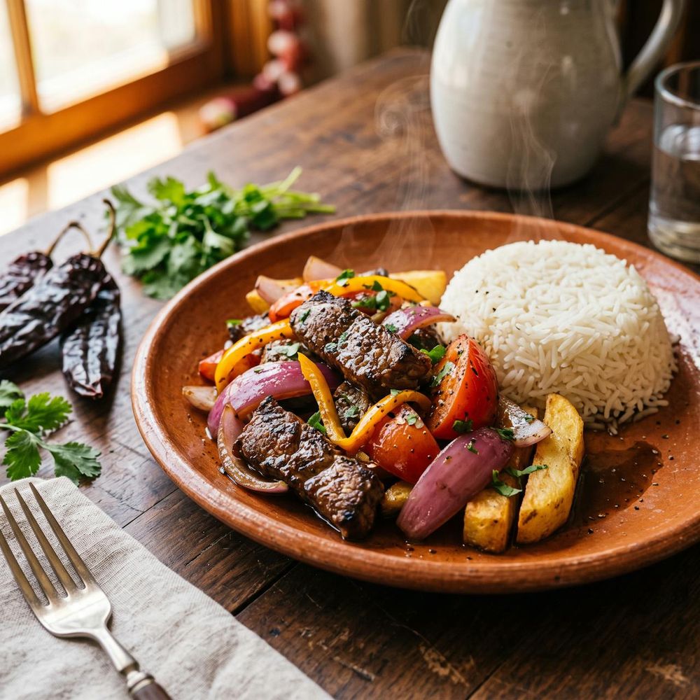 Lomo saltado: res salteada con cebolla, tomate, papas fritas y arroz