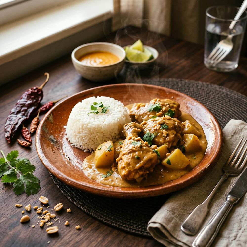 Pollo al maní: presa en crema de maní con papa y arroz