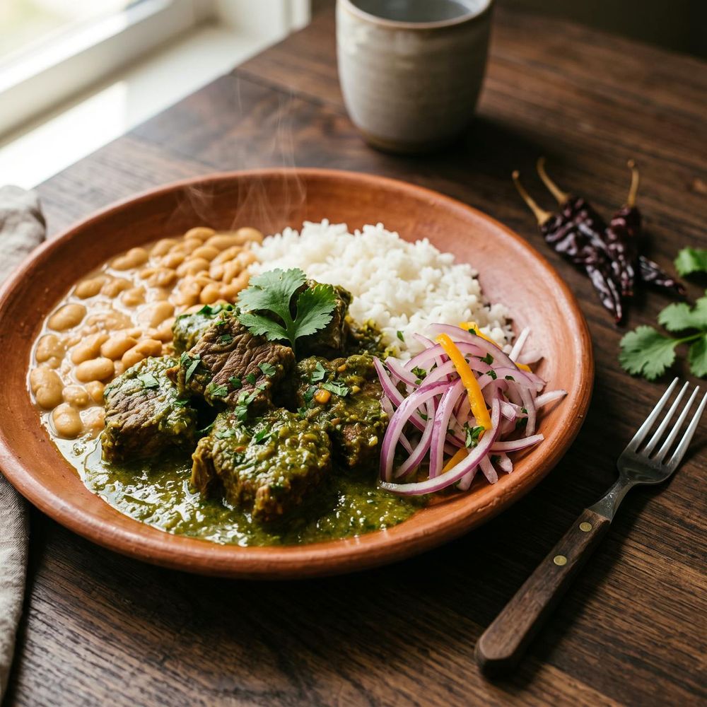 Seco de res: carne guisada en culantro con frejoles, arroz y sarza criolla