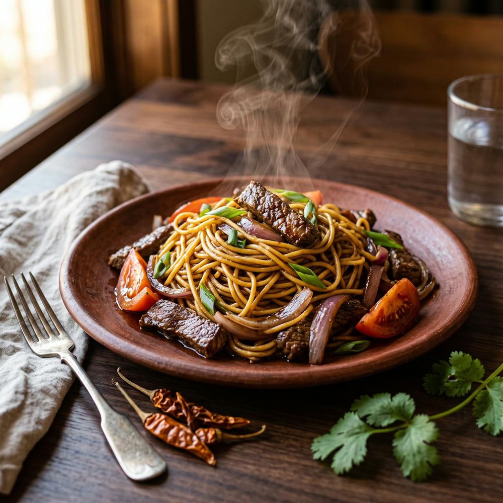 Tallarín saltado criollo con lomo de res, cebolla y tomate